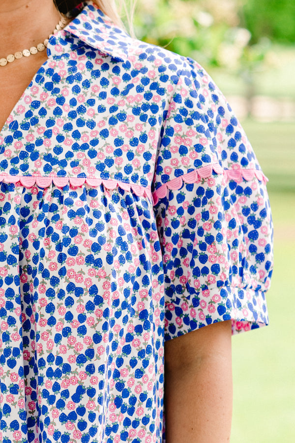 Chic Soul plus size clothing, blue and pink floral and berry patterned short sleeve collared blouse