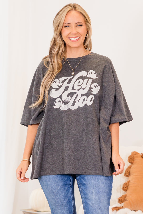 Chic Soul plus size clothing, charcoal gray short sleeve boyfriend tee with 