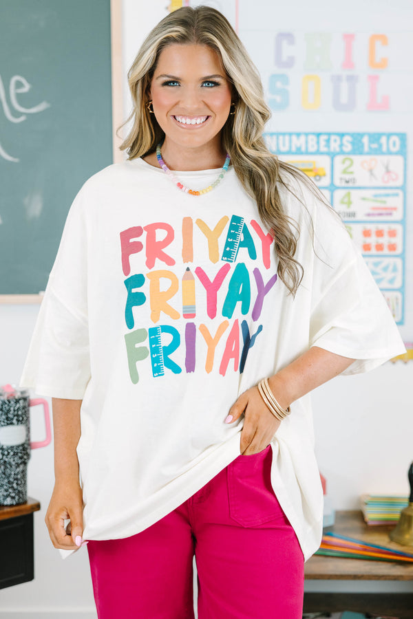 Plus size ivory boyfriend tee with colorful FRIYAY graphics, oversized fit, and 100% cotton fabric.