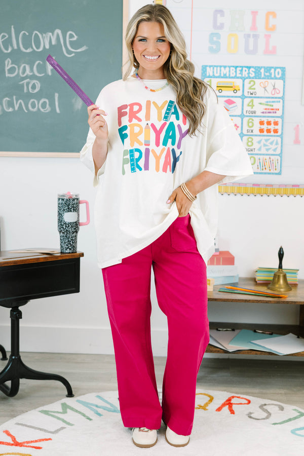Plus size ivory boyfriend tee with colorful FRIYAY graphics, oversized fit, and 100% cotton fabric.