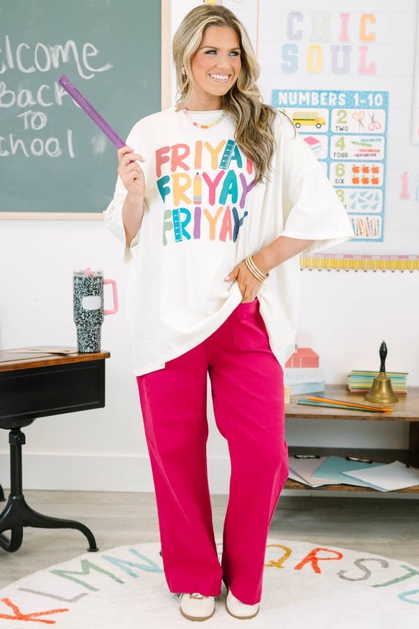 Plus size ivory boyfriend tee with colorful FRIYAY graphics, oversized fit, and 100% cotton fabric.