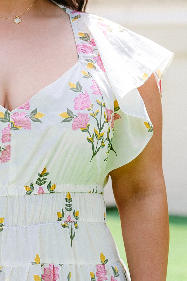 Chic Soul plus size clothing, cream flutter sleeve midi dress with light pink and golden yellow floral pattern