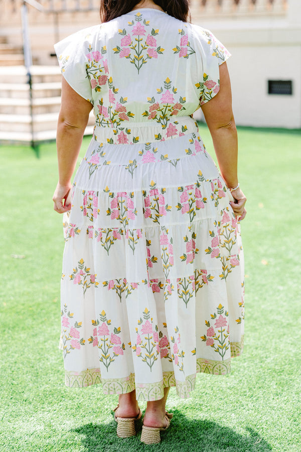 Chic Soul plus size clothing, cream flutter sleeve midi dress with light pink and golden yellow floral pattern