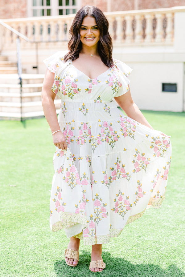 Chic Soul plus size clothing, cream flutter sleeve midi dress with light pink and golden yellow floral pattern