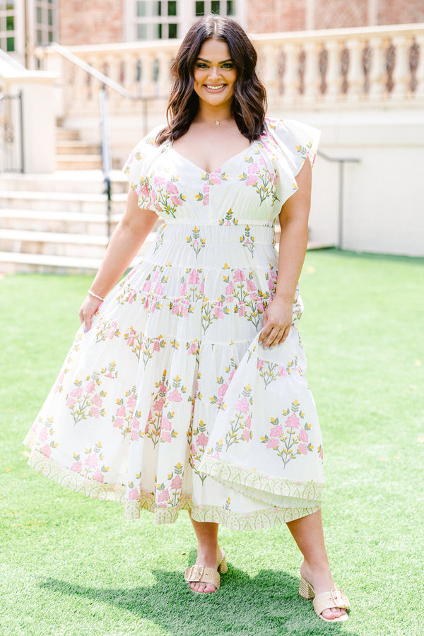 Chic Soul plus size clothing, cream flutter sleeve midi dress with light pink and golden yellow floral pattern