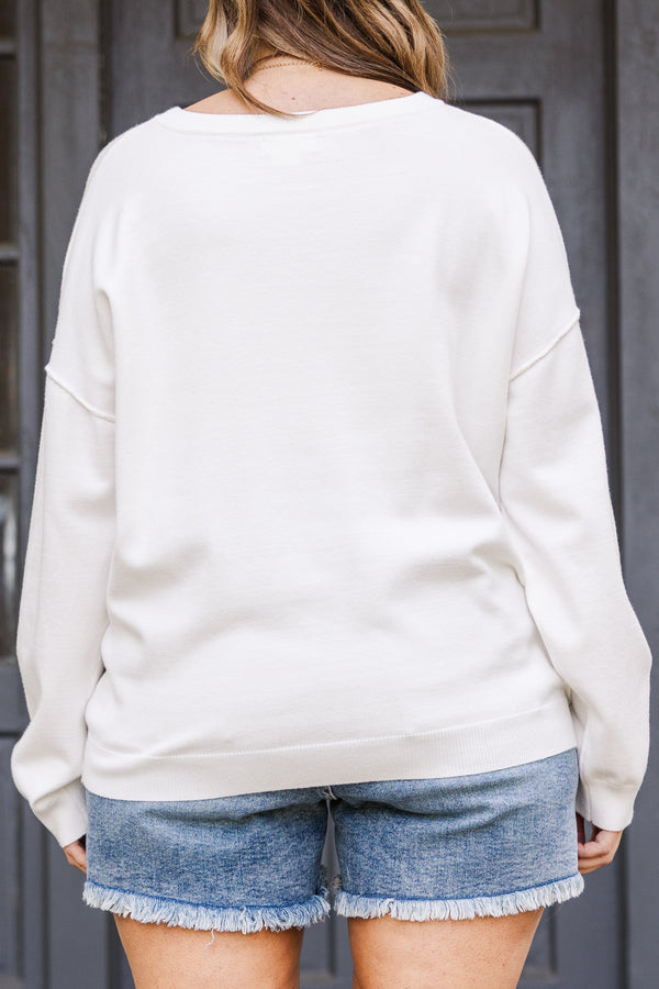 Chic Soul plus size clothing, white long sleeve knit sweater with large american flag logo
