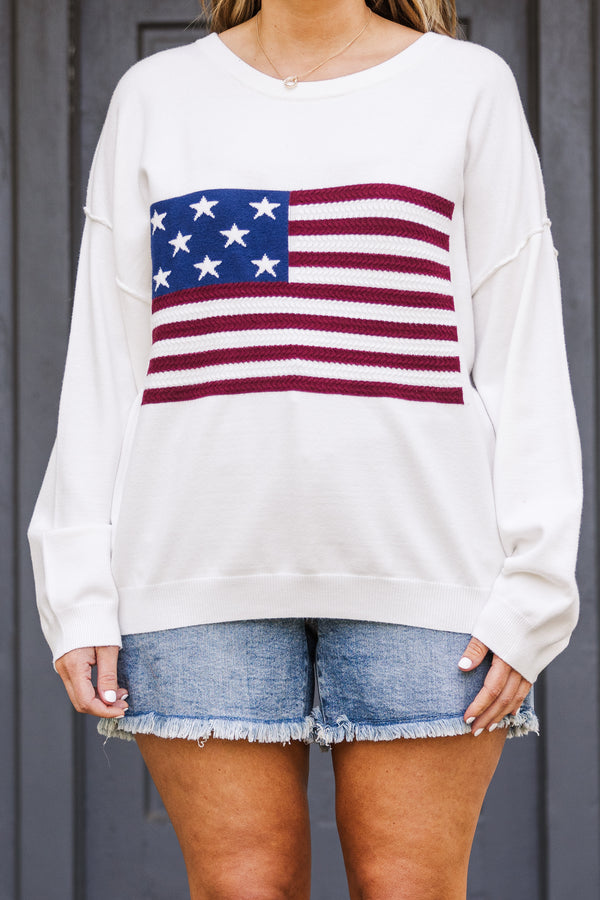 Chic Soul plus size clothing, white long sleeve knit sweater with large american flag logo