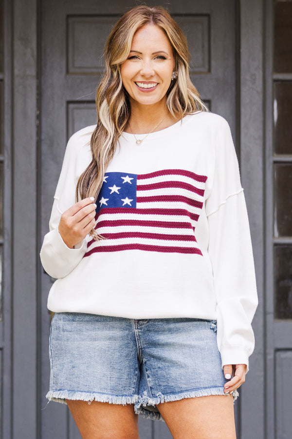 Chic Soul plus size clothing, white long sleeve knit sweater with large american flag logo