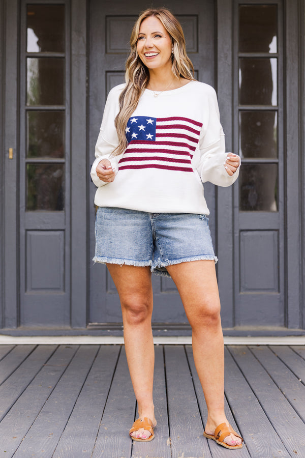 Chic Soul plus size clothing, white long sleeve knit sweater with large american flag logo
