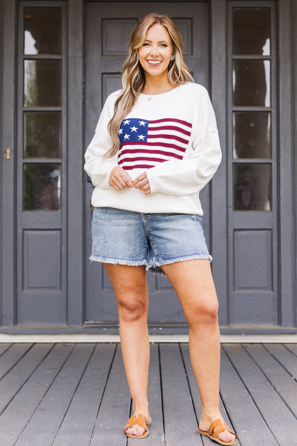 Chic Soul plus size clothing, white long sleeve knit sweater with large american flag logo