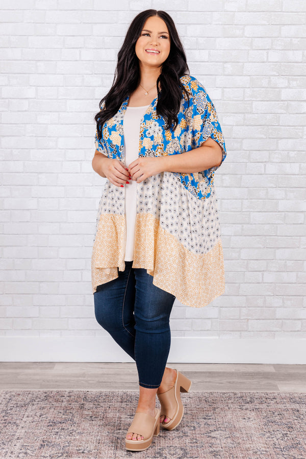 Chic Soul plus size clothing, pool blue three-tiered floral print flowy kimono with short sleeves