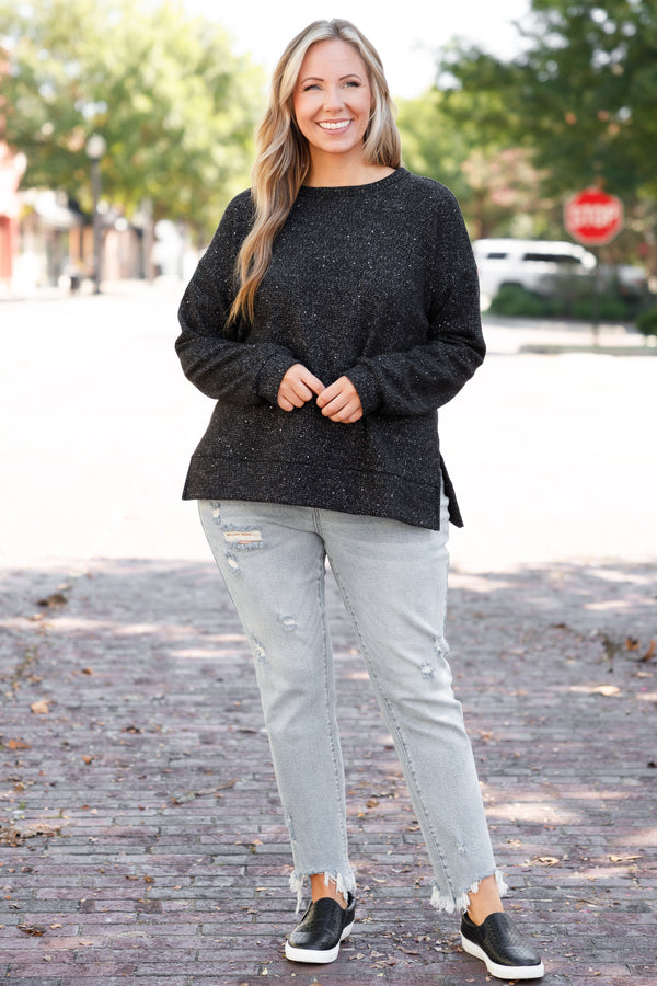 Chic Soul plus size clothing, black long sleeve top embedded with glitter
