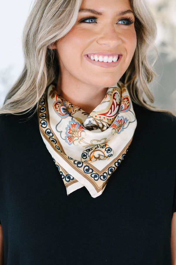 Silk neck scarf in brown multi paisley print