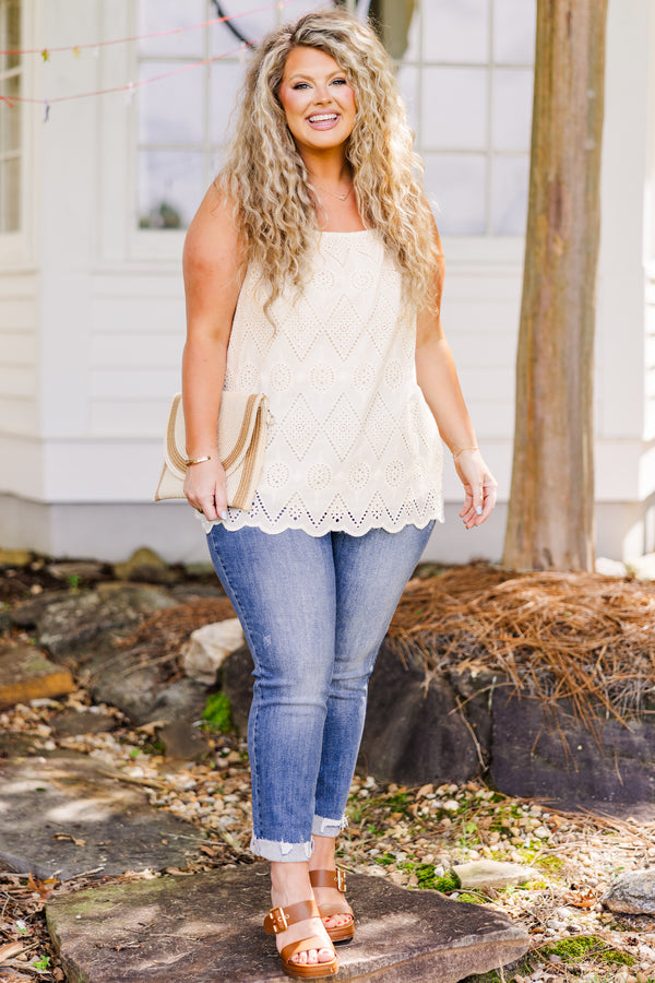 Plus Size natural eyelet tank top with elastic straps and a scalloped hemline.