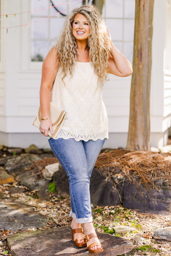 Plus Size natural eyelet tank top with elastic straps and a scalloped hemline.