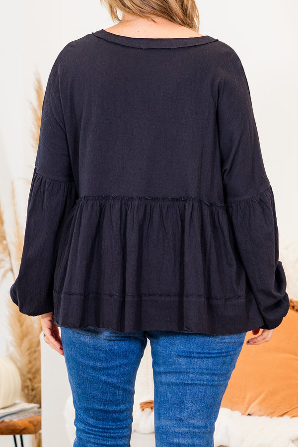 Chic Soul plus size clothing, long-balloon-sleeve black buttoned ruffled baby doll top with subtle distressed detailing and light brown buttons 
