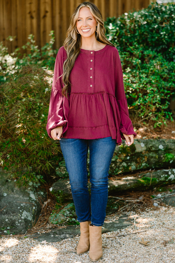 Chic Soul plus size clothing, burgundy long sleeve top with buttons going down to the chest 