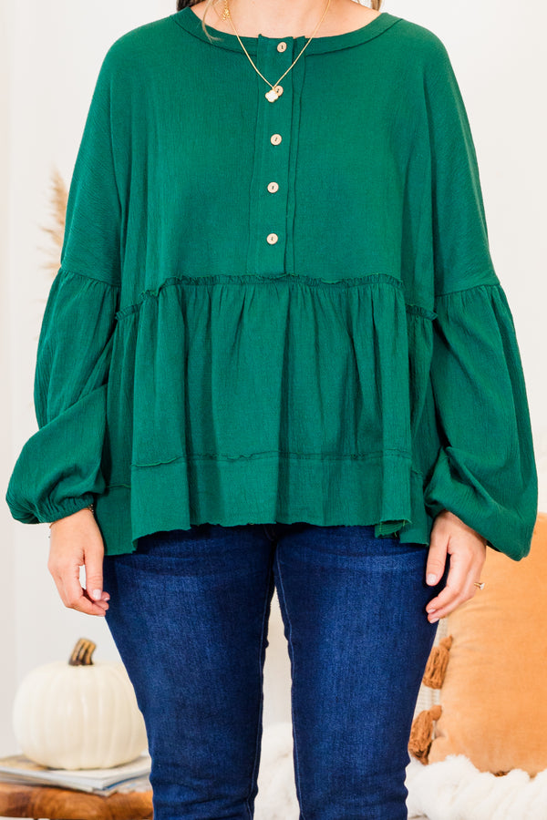 Chic Soul plus size clothing, green long sleeve babydoll style top with button up detail with cuff bubble sleeves with ruffle along bottom