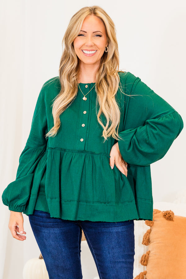 Chic Soul plus size clothing, green long sleeve babydoll style top with button up detail with cuff bubble sleeves with ruffle along bottom