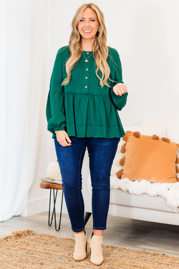 Chic Soul plus size clothing, green long sleeve babydoll style top with button up detail with cuff bubble sleeves with ruffle along bottom