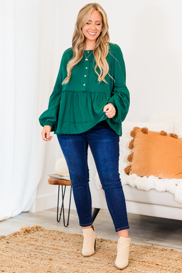 Chic Soul plus size clothing, green long sleeve babydoll style top with button up detail with cuff bubble sleeves with ruffle along bottom