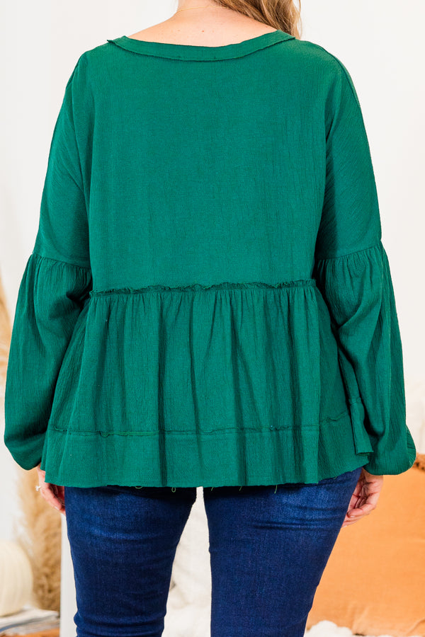 Chic Soul plus size clothing, green long sleeve babydoll style top with button up detail with cuff bubble sleeves with ruffle along bottom