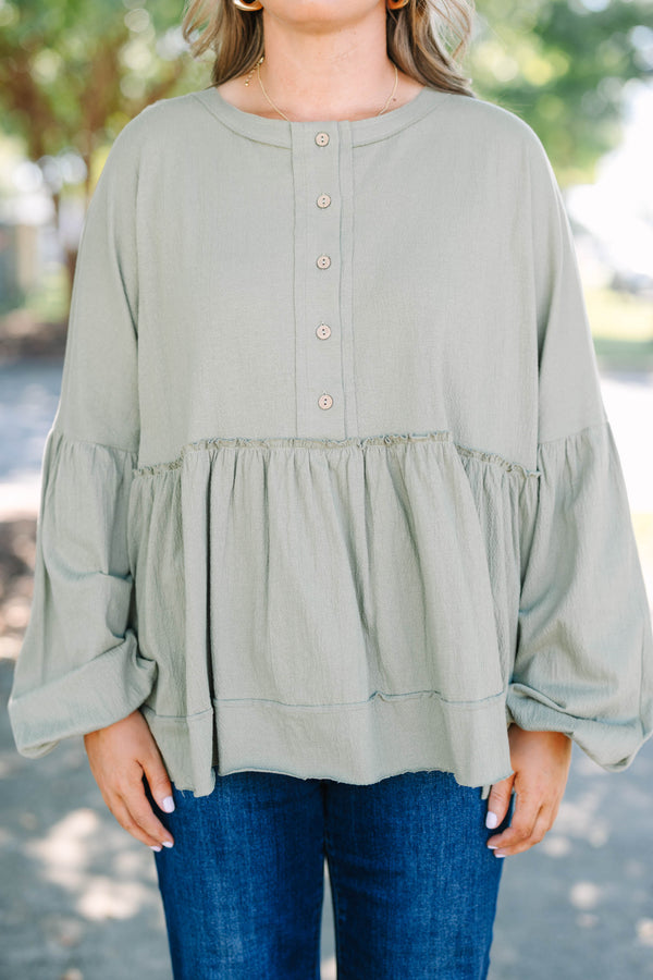 Chic Soul plus size clothing, olive green long sleeve baby doll top with buttons half way down 