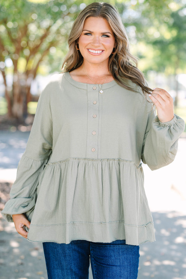 Chic Soul plus size clothing, olive green long sleeve baby doll top with buttons half way down 