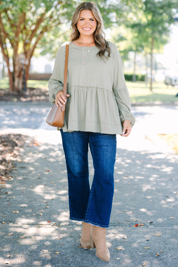 Chic Soul plus size clothing, olive green long sleeve baby doll top with buttons half way down 