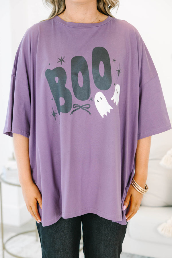 Plus size clothing, lilac gray oversized tee with boo and ghost graphic