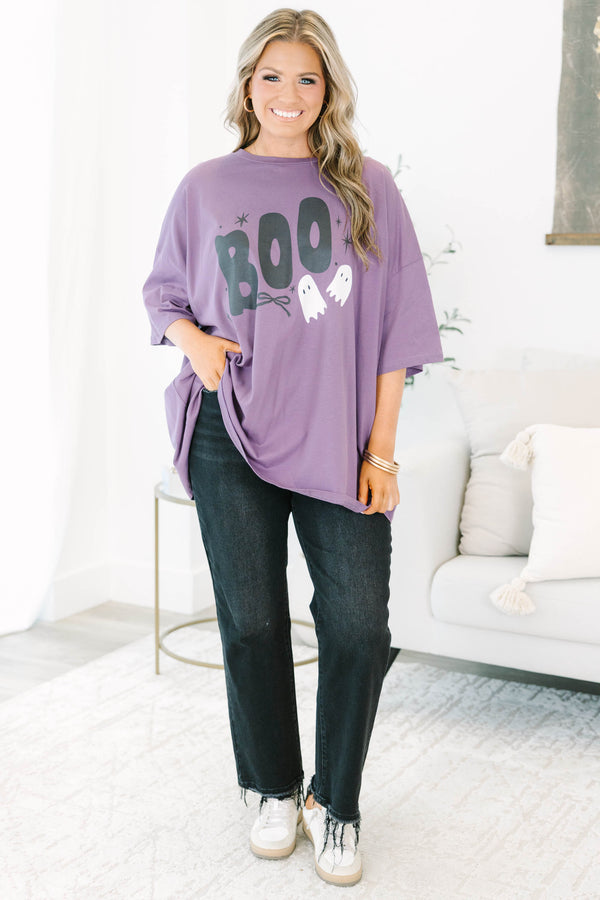 Plus size clothing, lilac gray oversized tee with boo and ghost graphic