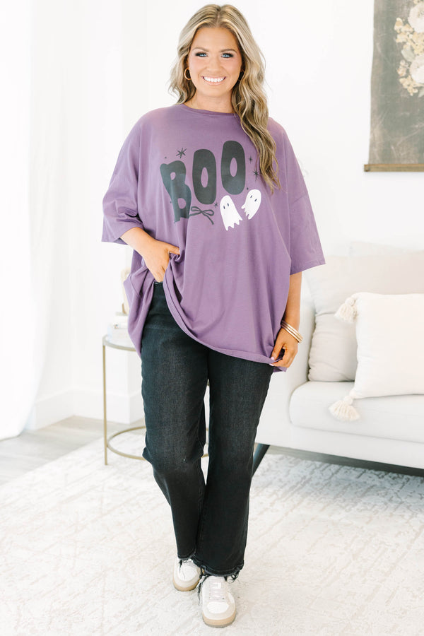 Plus size clothing, lilac gray oversized tee with boo and ghost graphic