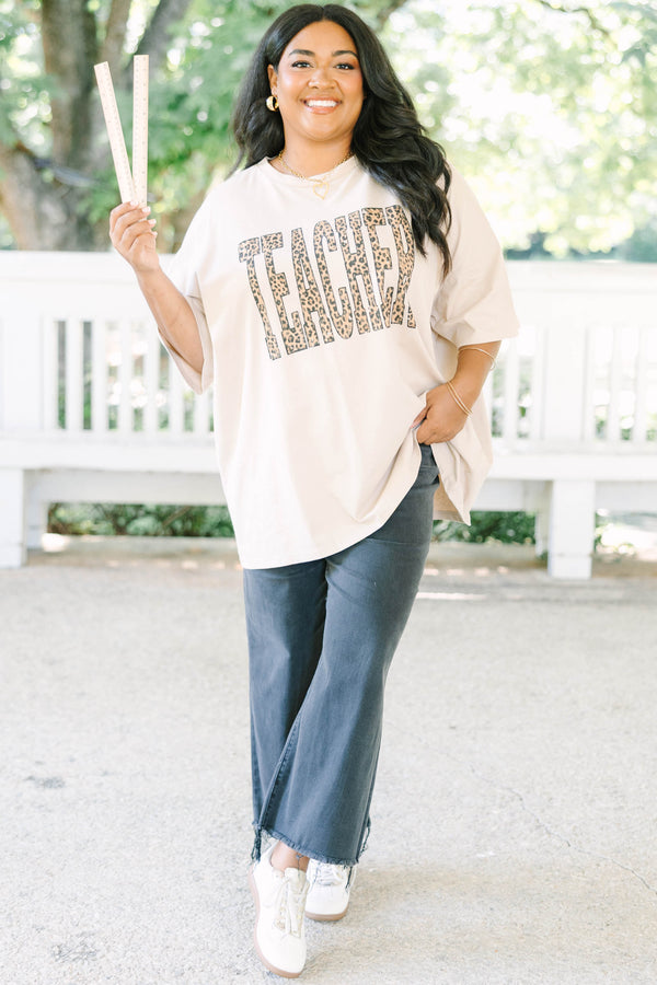 Plus Size light mocha oversized boyfriend tee with a leopard print teacher graphic.