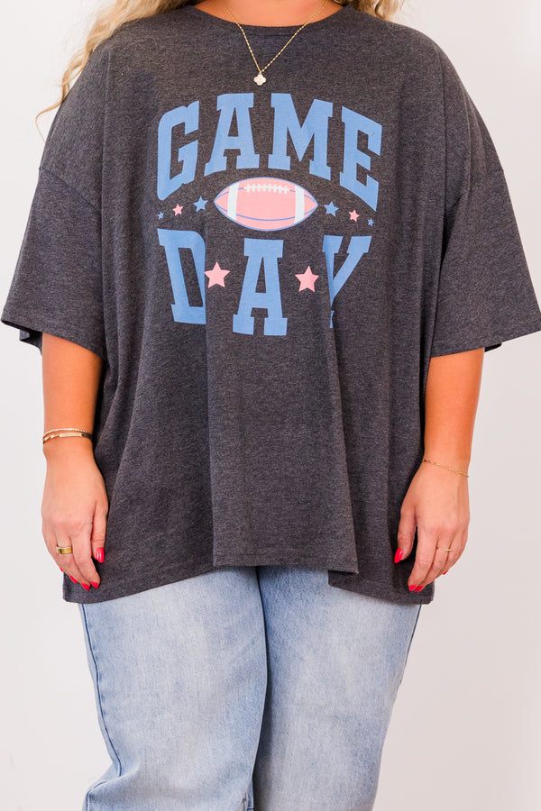 Chic Soul plus size clothing, short-sleeve charcoal boyfriend tee with ash blue graphic lettering stating 