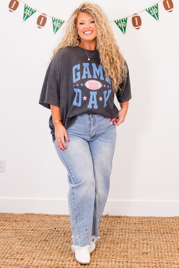 Chic Soul plus size clothing, short-sleeve charcoal boyfriend tee with ash blue graphic lettering stating 