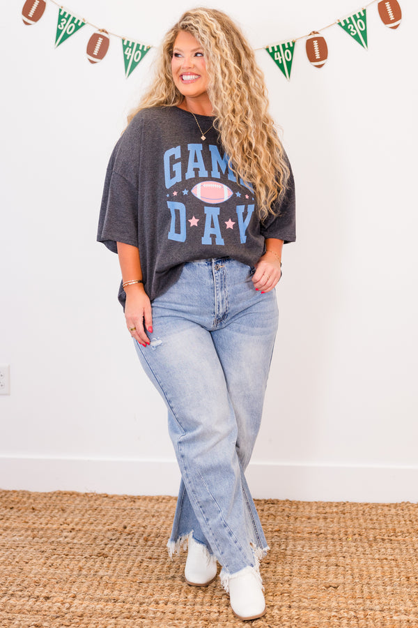 Chic Soul plus size clothing, short-sleeve charcoal boyfriend tee with ash blue graphic lettering stating 