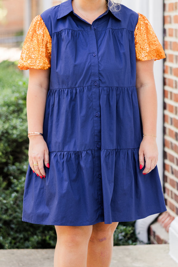 Chic Soul plus size clothing, short-sleeve collared button up ruffled navy blue dress with orange sequin puffed sleeves 