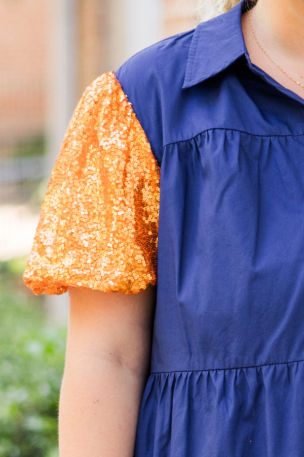 Chic Soul plus size clothing, short-sleeve collared button up ruffled navy blue dress with orange sequin puffed sleeves 