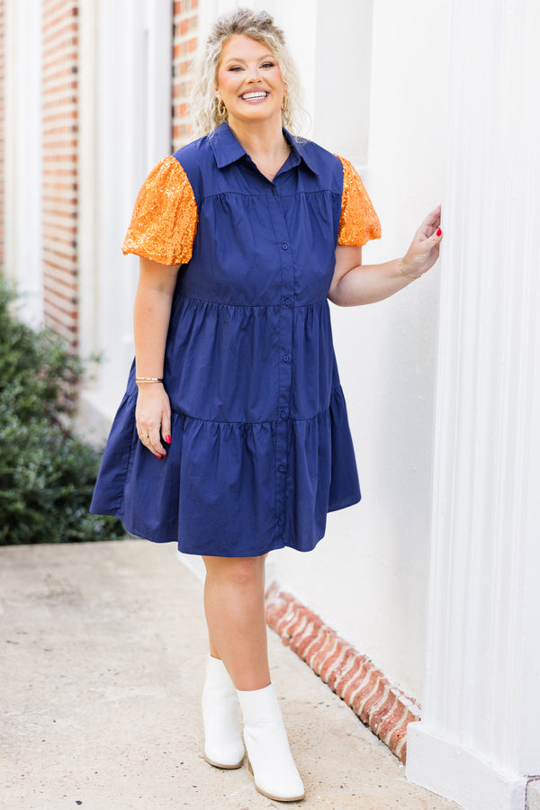 Chic Soul plus size clothing, short-sleeve collared button up ruffled navy blue dress with orange sequin puffed sleeves 