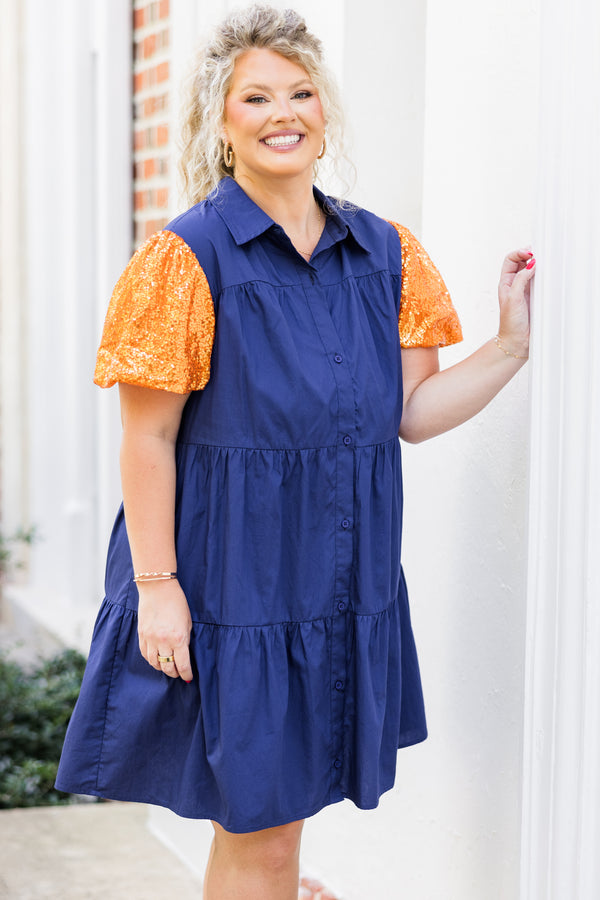 Chic Soul plus size clothing, short-sleeve collared button up ruffled navy blue dress with orange sequin puffed sleeves 