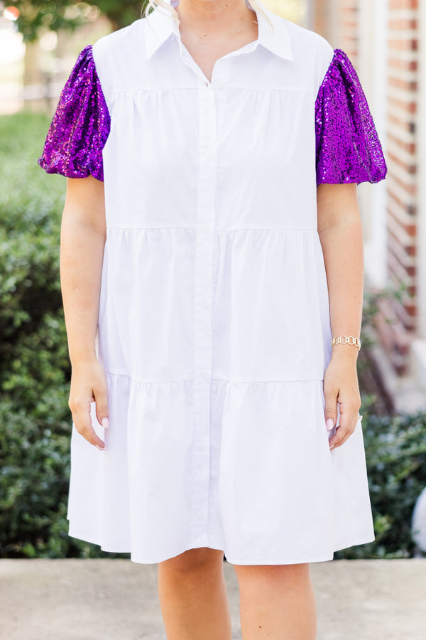 Chic Soul plus size clothing, short-sleeve white ruffled collared baby doll dress with button detailing and purple sparkly puffed sleeves 