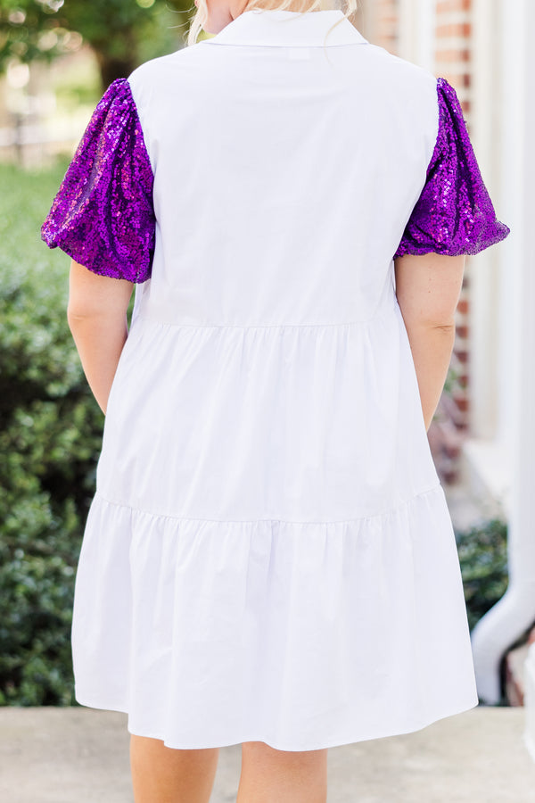 Chic Soul plus size clothing, short-sleeve white ruffled collared baby doll dress with button detailing and purple sparkly puffed sleeves 