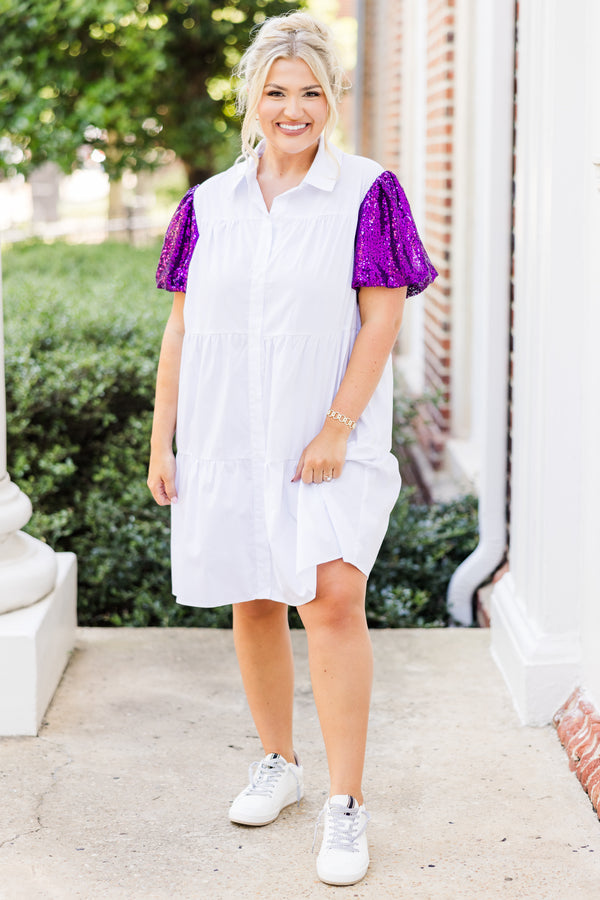 Chic Soul plus size clothing, short-sleeve white ruffled collared baby doll dress with button detailing and purple sparkly puffed sleeves 