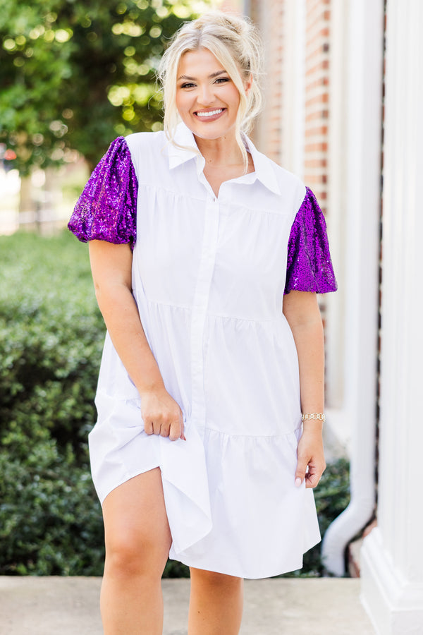Chic Soul plus size clothing, short-sleeve white ruffled collared baby doll dress with button detailing and purple sparkly puffed sleeves 
