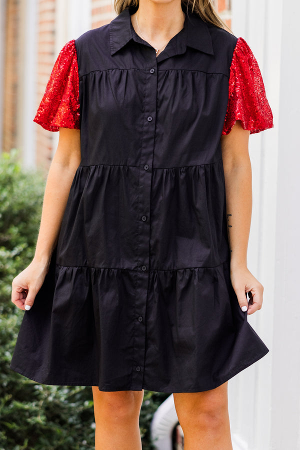 Chic Soul plus size clothing, short-sleeve black collared ruffled baby doll dress with black button detailing and red sequined puffed sleeves 