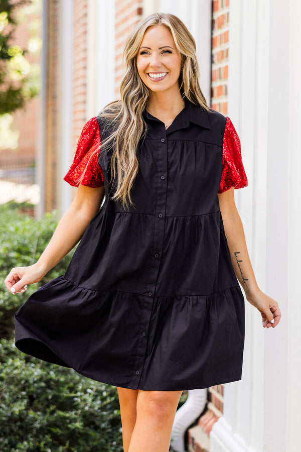 Chic Soul plus size clothing, short-sleeve black collared ruffled baby doll dress with black button detailing and red sequined puffed sleeves 
