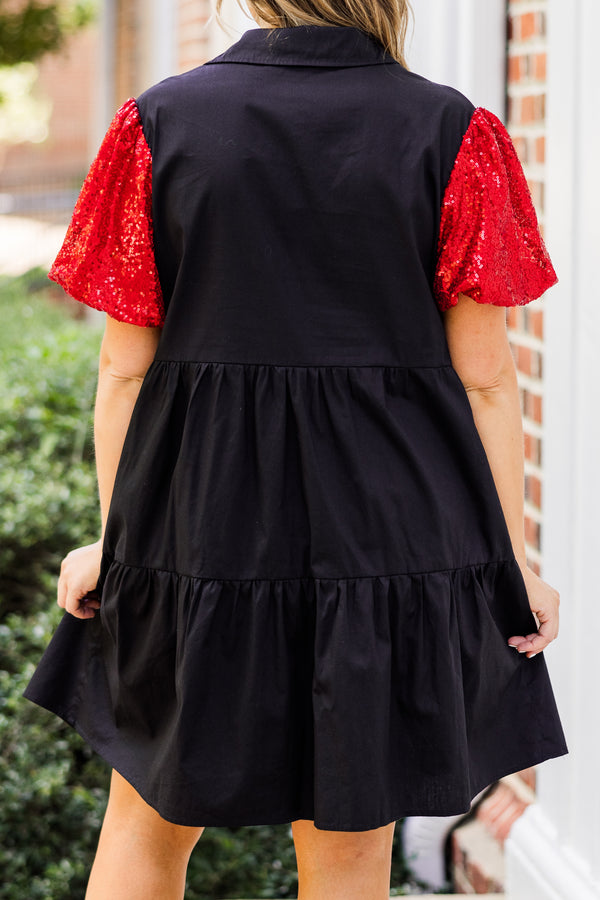 Chic Soul plus size clothing, short-sleeve black collared ruffled baby doll dress with black button detailing and red sequined puffed sleeves 