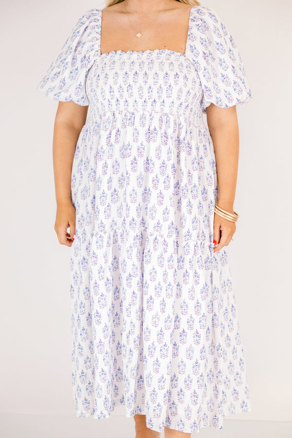 Chic Soul plus size clothing, white and purple floral print square neck puff sleeve tiered midi dress