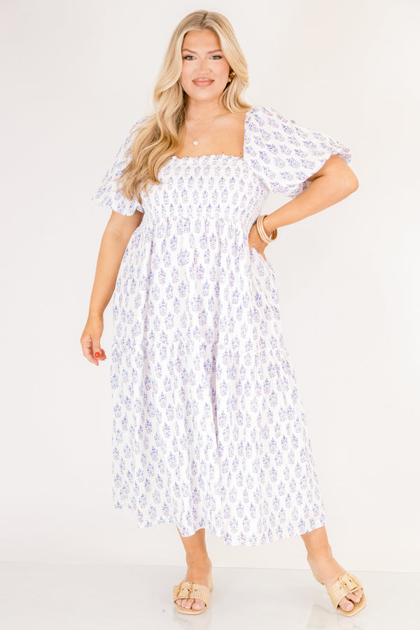 Chic Soul plus size clothing, white and purple floral print square neck puff sleeve tiered midi dress