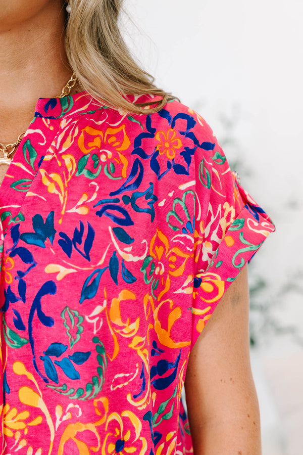 Chic Soul plus size clothing, hot pink button tab short sleeve shallow v-neck casual top with abstract navy and yellow floral pattern